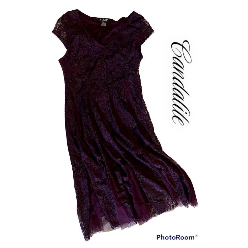 Candalite SZ S Woman’s Beautiful Dark Plum Purple Lace And Twill Dress